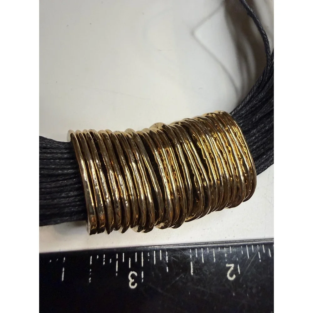 Black Multi Strand Cord Statement Necklace Gold Tone Hammered Ring Detail
